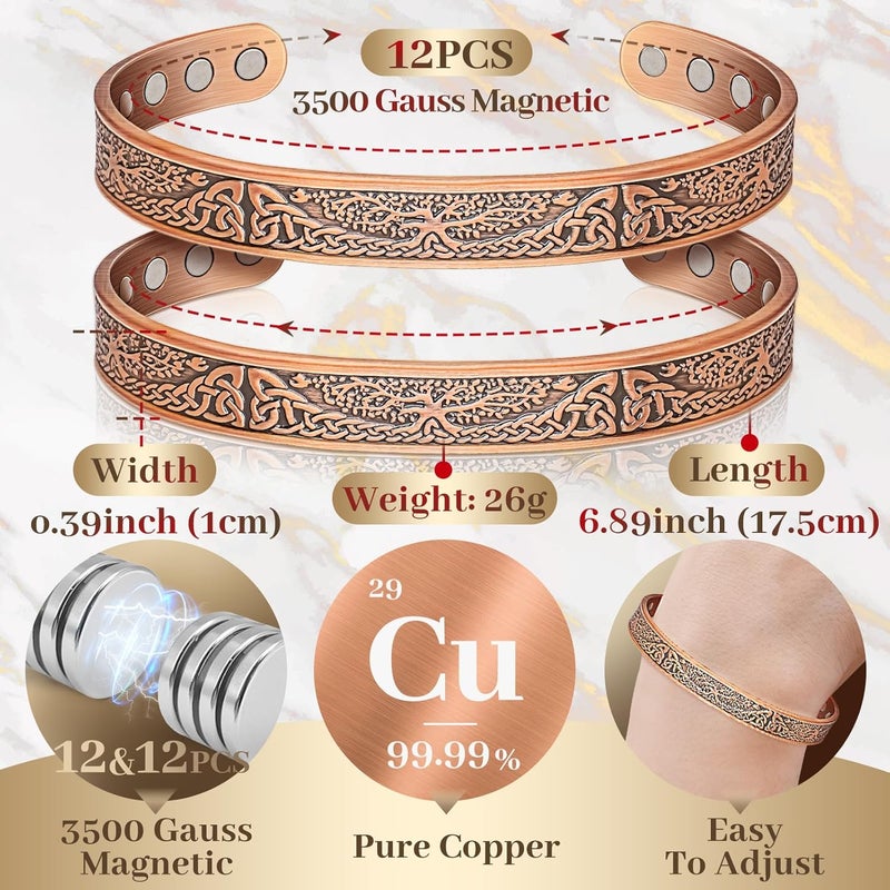 Auramag Magnetic Bangle for Women, 99.99% Pure Copper Cuff Bangle with 3500 Gauss Magnets, Copper Jewelry Gift Adjustable (Set of 2) - Image 4